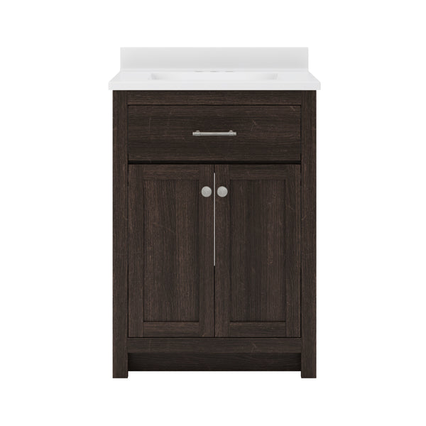 Dark wood bathroom vanity with a white countertop and integrated sink. Features a single metal-handled drawer above double cabinet doors with round silver knobs, set against a plain white background.