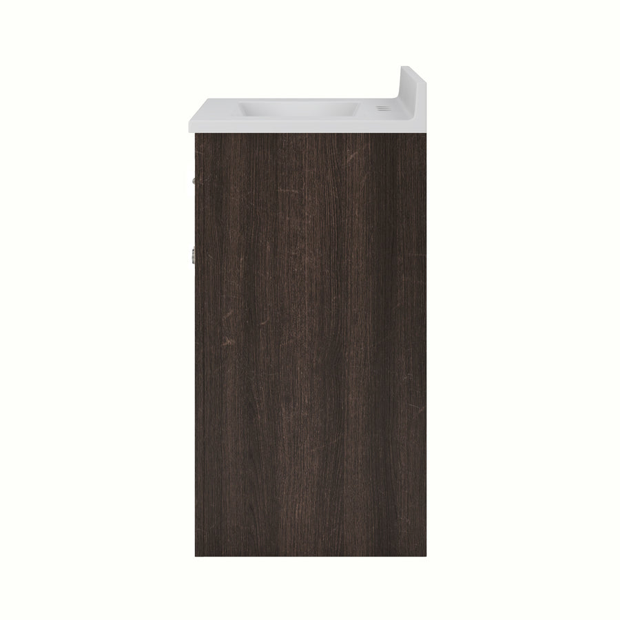 A side view of a modern bathroom vanity with a dark wood cabinet and a white rectangular sink on top, set against a plain white background.