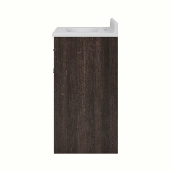 A side view of a modern bathroom vanity with a dark wood cabinet and a white rectangular sink on top, set against a plain white background.