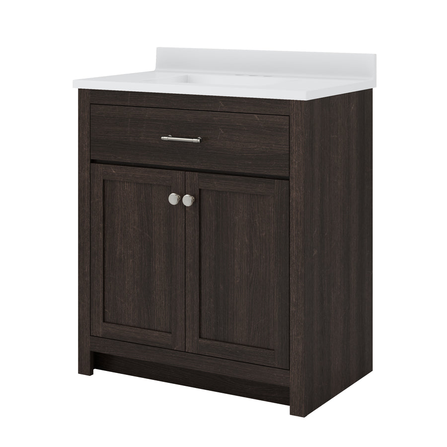 Bathroom vanity with a dark wood finish, featuring a white countertop, one drawer with a horizontal handle, and two cabinet doors with round knobs. The design is modern and simple.
