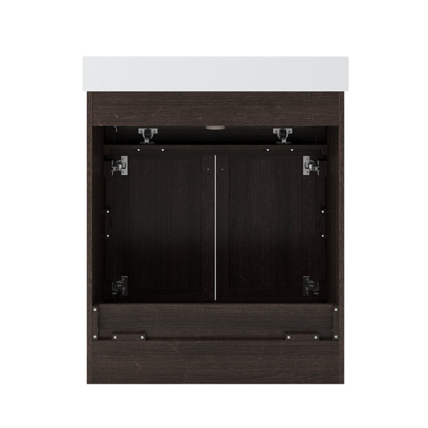 Dark wood bathroom vanity cabinet with two doors open, revealing an empty interior and plumbing cutout, topped with a white countertop, shown against a white background.