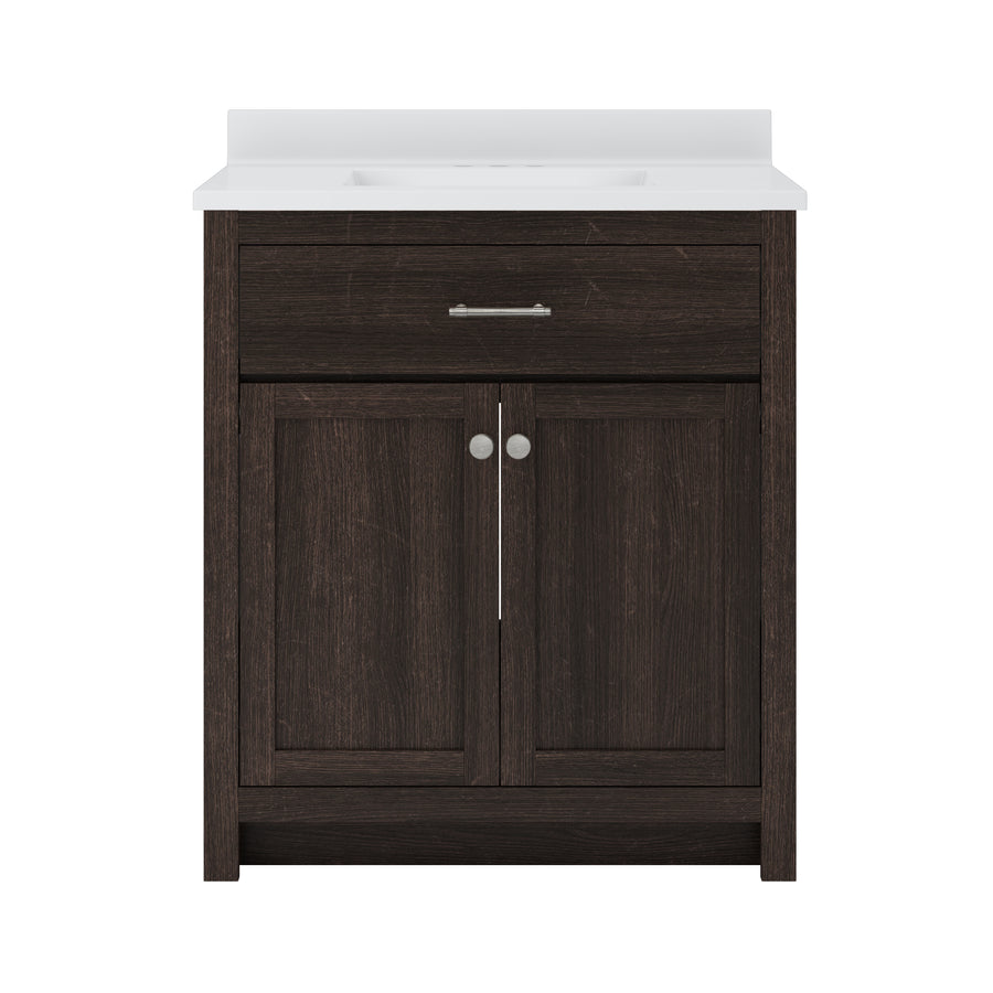 Front view of a dark wood bathroom vanity with a white countertop, a single drawer with a horizontal handle, and two cabinet doors with round knobs.