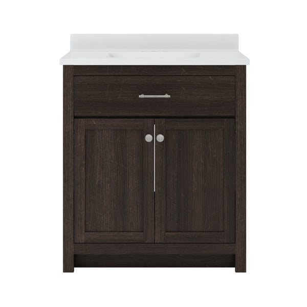 Front view of a dark wood bathroom vanity with a white countertop, a single drawer with a horizontal handle, and two cabinet doors with round knobs.