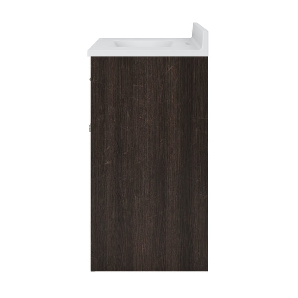 Side view of a bathroom vanity with a white sink and a dark wood cabinet, isolated on a white background.