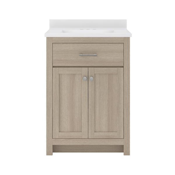 A light wood bathroom vanity with a white countertop, a single drawer with a horizontal handle, and two cabinet doors with round knobs, all set against a white background.