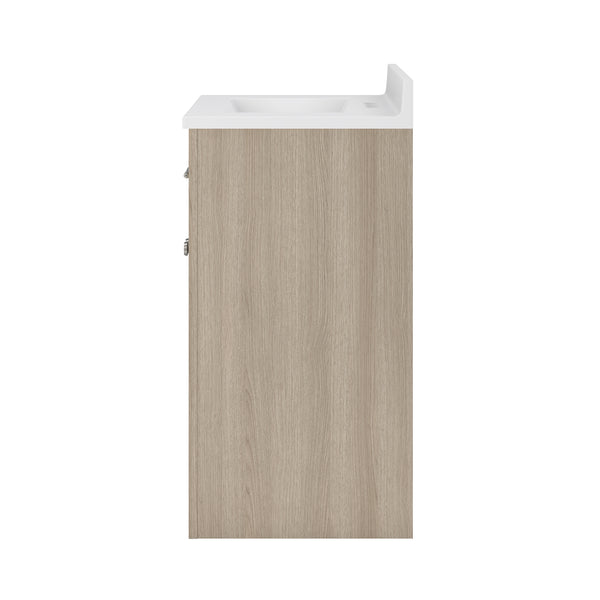 Side view of a modern bathroom vanity cabinet with a light wood finish and a white sink countertop. The cabinet doors and hardware are not visible in this perspective.