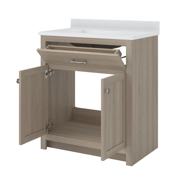 A light wood bathroom vanity with a white countertop, open double doors at the bottom, and an open tilt-out drawer above the cabinet space. The interior is empty, showing ample storage room.