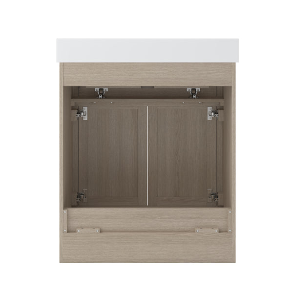 A light wood bathroom vanity cabinet with two open doors, silver hinges, and a white countertop, viewed from the front against a plain white background.