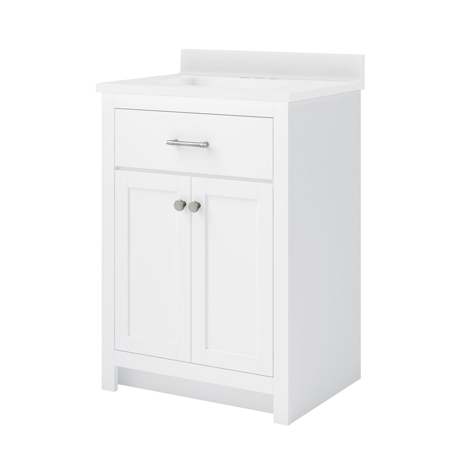 White bathroom vanity with a rectangular sink, a single drawer with a handle, and two cabinet doors with round knobs below, set against a plain background.