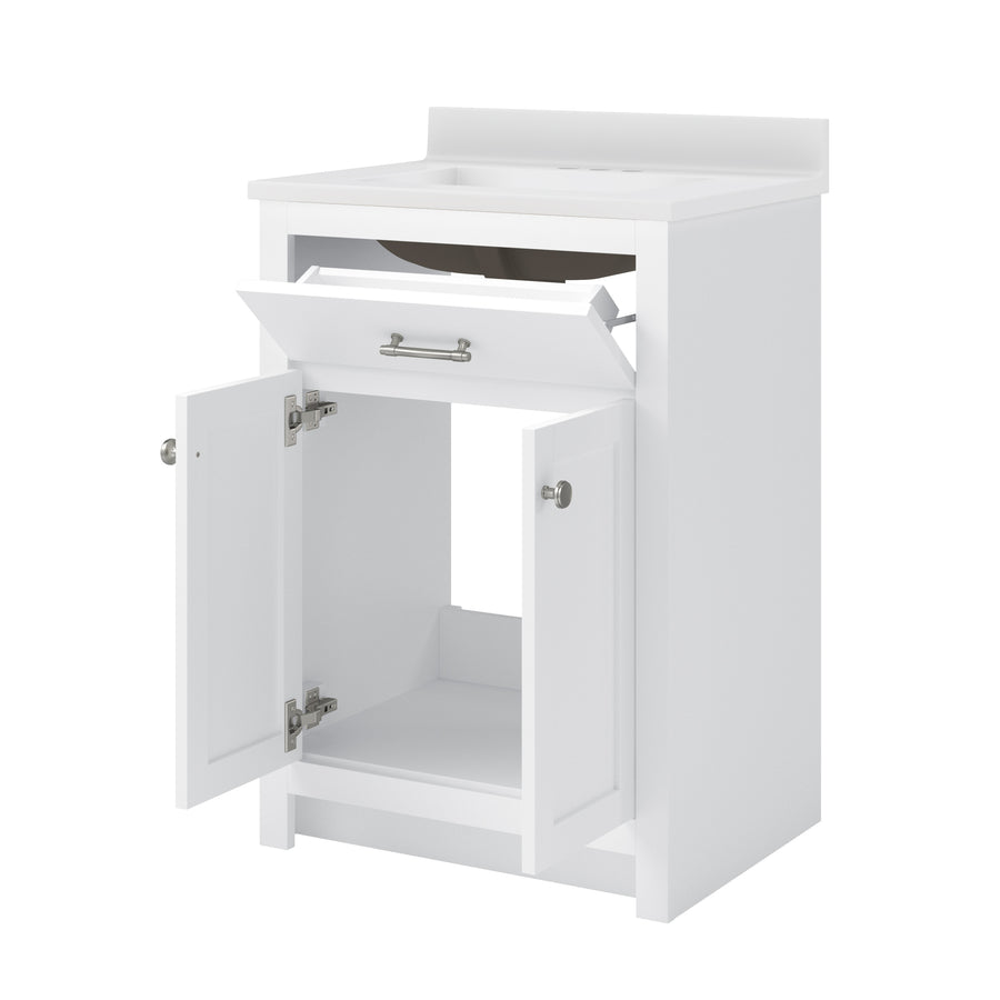 A white bathroom vanity with an open top drawer and two cabinet doors below, revealing empty storage space inside. The vanity has a flat countertop with a backsplash.