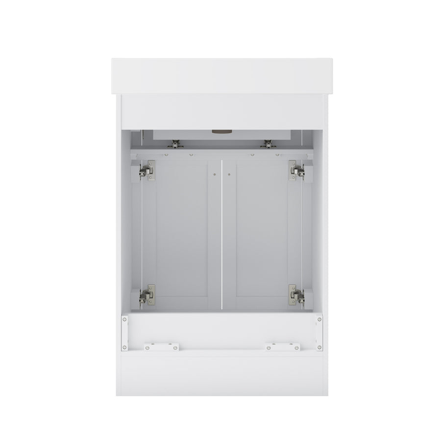 A white cabinet with its front panel open, revealing interior storage space and visible hinges, set against a plain white background.