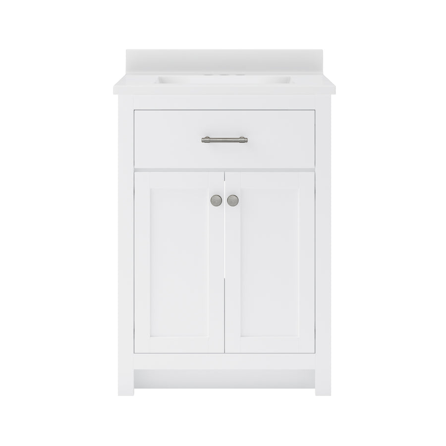 White bathroom vanity with a flat top, a single centered drawer featuring a horizontal metallic handle, and two cabinet doors below with round metallic knobs. The design is simple and modern.