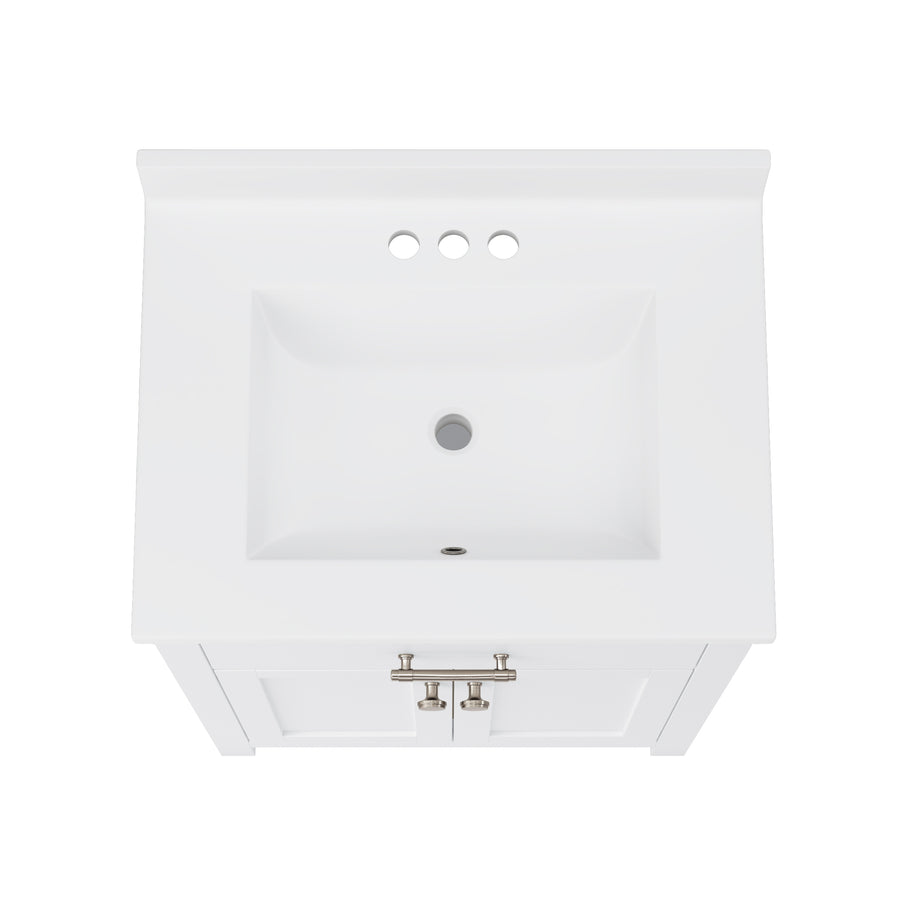 Top-down view of a white bathroom sink with three faucet holes and a square basin, mounted on a white vanity cabinet with silver handles. The background is plain white.