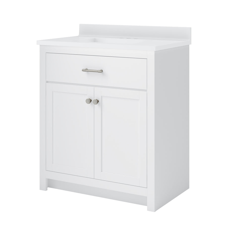 A white bathroom vanity with a single drawer at the top, two cabinet doors below, simple silver handles, and a backsplash along the back edge.
