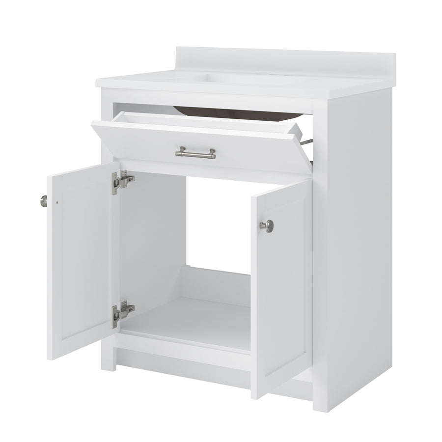A white bathroom vanity cabinet with two open doors at the bottom revealing storage space and a middle tilt-out drawer with a metal handle, shown against a plain white background.
