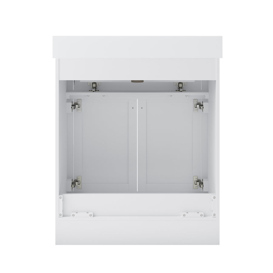 A white, box-shaped cabinet with two hinged doors open outward, revealing an empty interior. The cabinet has clean, straight lines and a modern, minimalist design.