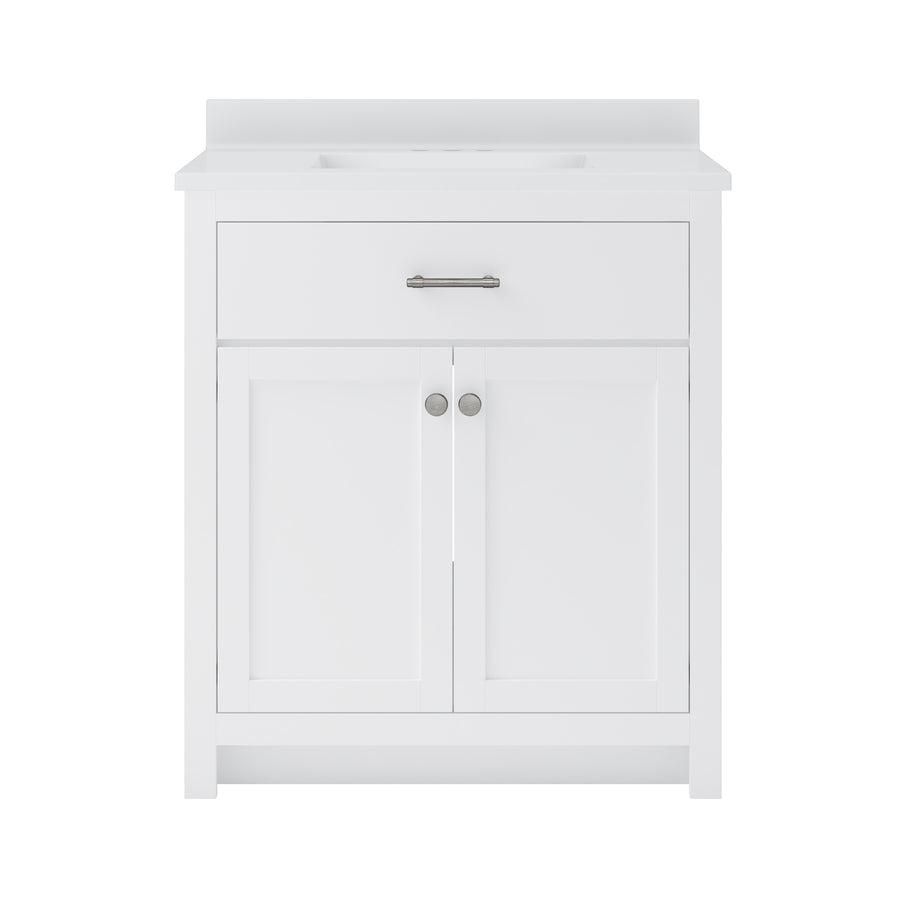 A white bathroom vanity with a rectangular sink, a single drawer with a metal handle, and two cabinet doors with round knobs, set against a plain white background.