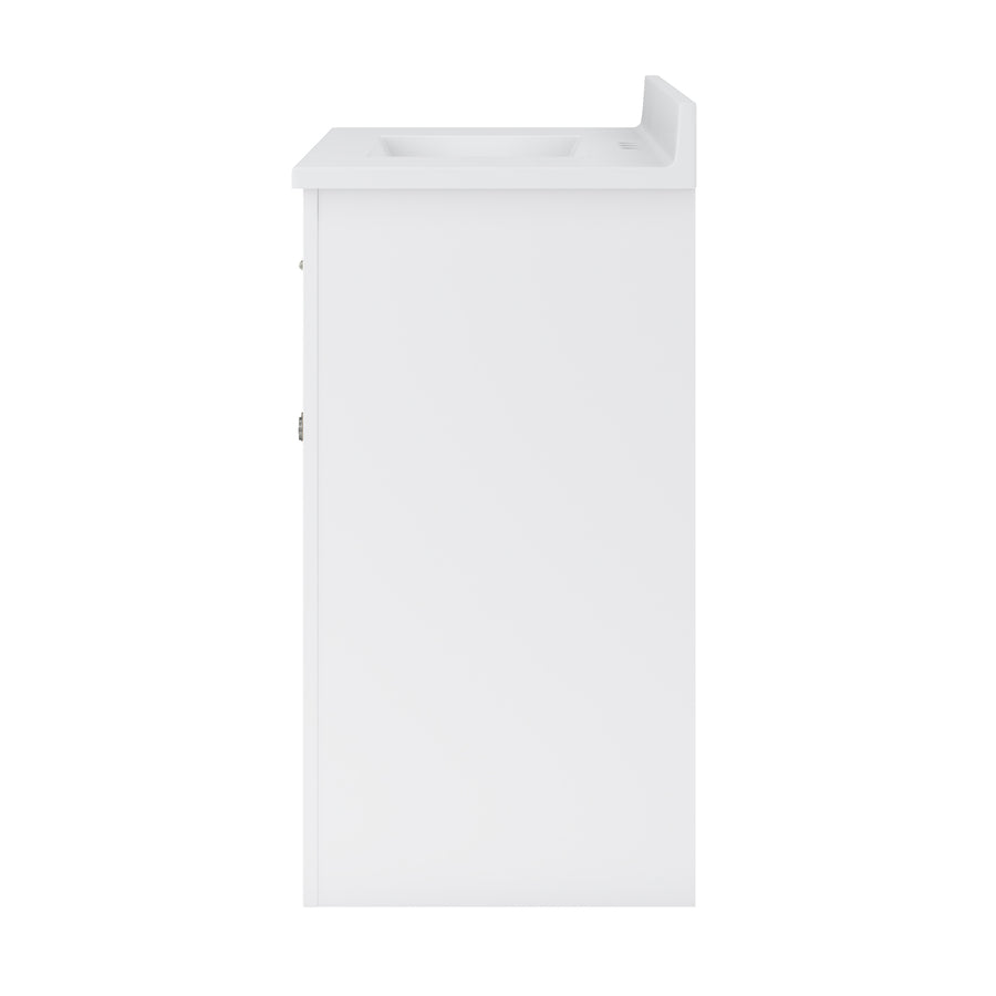 Side view of a modern white bathroom vanity cabinet with a built-in sink on top, featuring a flat, minimalist design and clean lines against a plain white background.