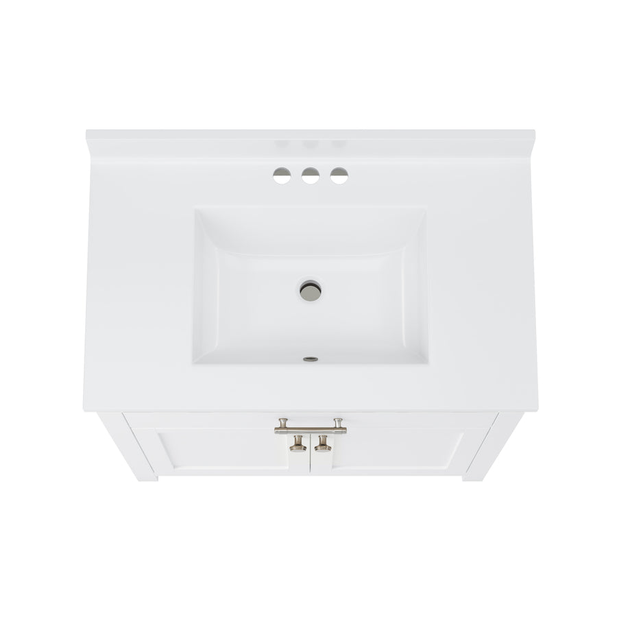 Top view of a white bathroom vanity with a rectangular sink, three faucet holes, and two cabinet doors with silver handles, set against a plain white background.