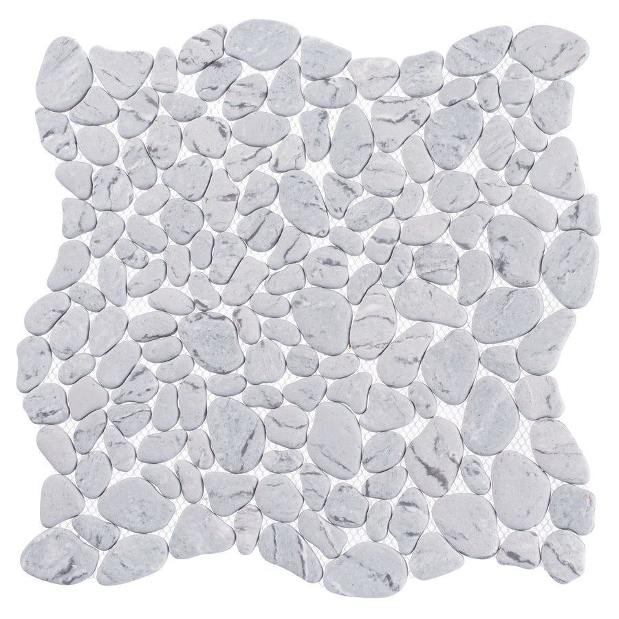 The Riverbed Pebble Glass Mosaic Tile in Flowing Ravine features small, smooth white and light gray pebbles arranged closely in an irregular mosaic—perfect for creating a spa-like bathroom atmosphere.