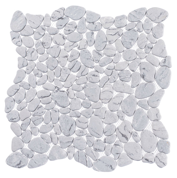 The Riverbed Pebble Glass Mosaic Tile in Flowing Ravine features small, smooth white and light gray pebbles arranged closely in an irregular mosaic—perfect for creating a spa-like bathroom atmosphere.