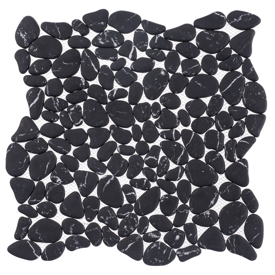 The Riverbed Pebble Glass Mosaic Tile in Tributary features smooth, black stones with white streaks on mesh backing, creating a mosaic look ideal for spa-like bathroom floors or wall décor.