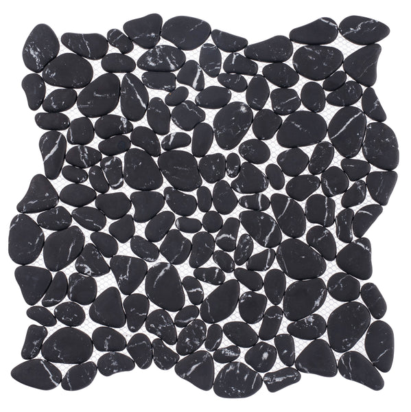 The Riverbed Pebble Glass Mosaic Tile in Tributary features smooth, black stones with white streaks on mesh backing, creating a mosaic look ideal for spa-like bathroom floors or wall décor.