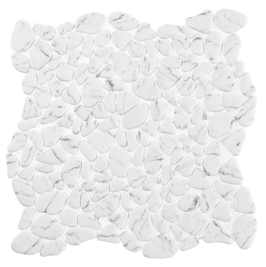 The Riverbed Pebble Glass Mosaic Tile in Bubbling Creek features white, irregularly shaped tiles with subtle grey veining, closely arranged to mimic natural stone—ideal for serene spa-like bathrooms or elegant flooring and wall accents.