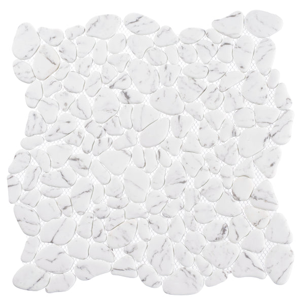 The Riverbed Pebble Glass Mosaic Tile in Bubbling Creek features white, irregularly shaped tiles with subtle grey veining, closely arranged to mimic natural stone—ideal for serene spa-like bathrooms or elegant flooring and wall accents.