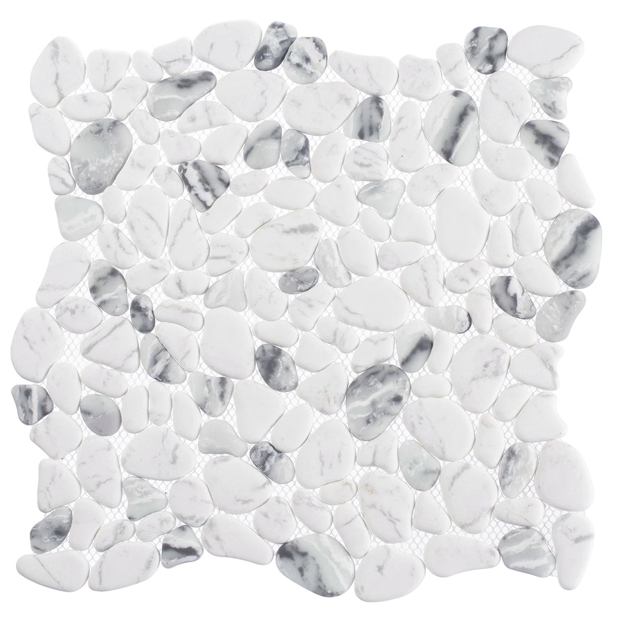 The Riverbed Pebble Glass Mosaic Tile in Pebbly Shore features small, irregularly-shaped white and gray pebbles with subtle veining, arranged in a riverbed mosaic—perfect for adding a spa-like feel to any bathroom.