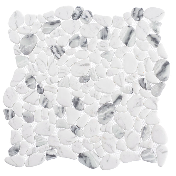The Riverbed Pebble Glass Mosaic Tile in Pebbly Shore features small, irregularly-shaped white and gray pebbles with subtle veining, arranged in a riverbed mosaic—perfect for adding a spa-like feel to any bathroom.