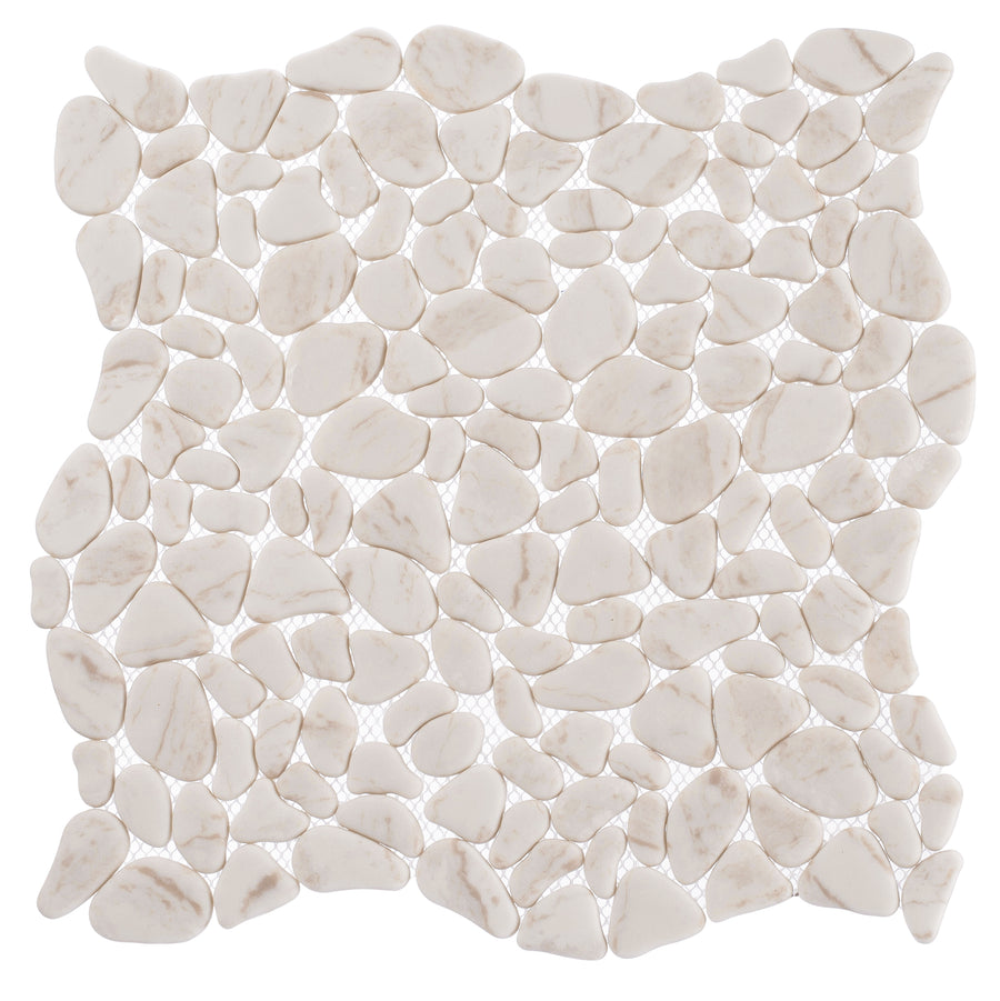 The Riverbed Pebble Glass Mosaic Tile in Fall Stream features small, irregular shapes arranged closely and mounted on mesh backing—ideal for creating a spa-like bathroom ambiance.