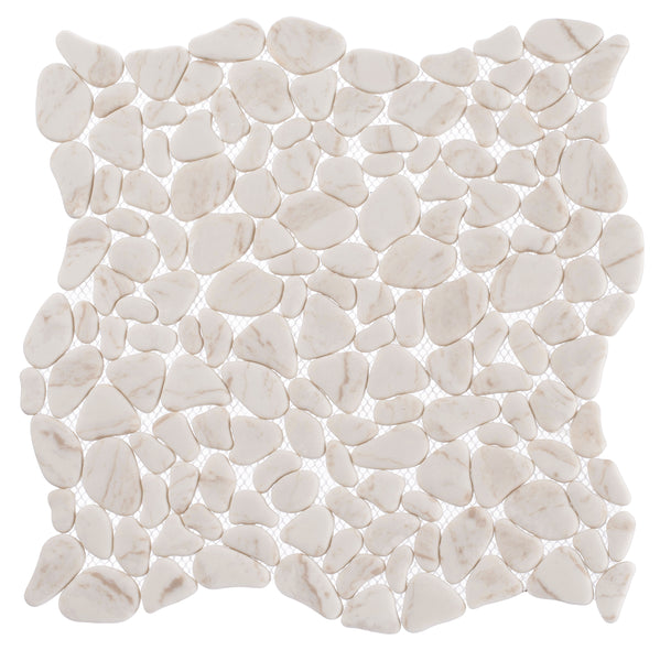 The Riverbed Pebble Glass Mosaic Tile in Fall Stream features small, irregular shapes arranged closely and mounted on mesh backing—ideal for creating a spa-like bathroom ambiance.