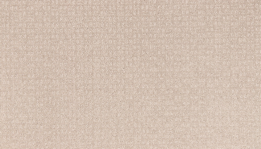 Close-up of Radiant Space On Trend Carpet in Clam Island color, showing a cushioned beige surface with a soft feel and subtle, evenly spaced grid pattern for a modern, contemporary look.