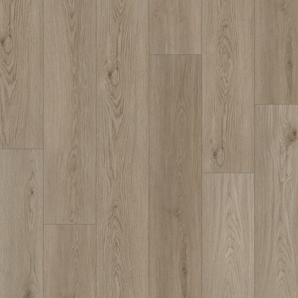 Coretec Pro Plus Enhanced Vinyl features light brown wood flooring with visible grain and knots in a staggered plank layout, offering a natural oak look, textured finish, and the durability of rigid core waterproof construction.