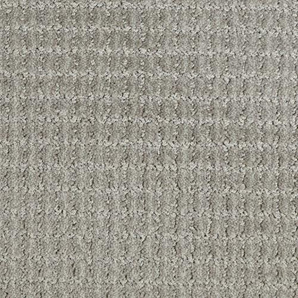 Close-up of Yucatan Pet Friendly Carpet in Raft, showcasing its light gray tone, subtle grid pattern, and soft, durable loops that are stain resistant and ideal for pets.