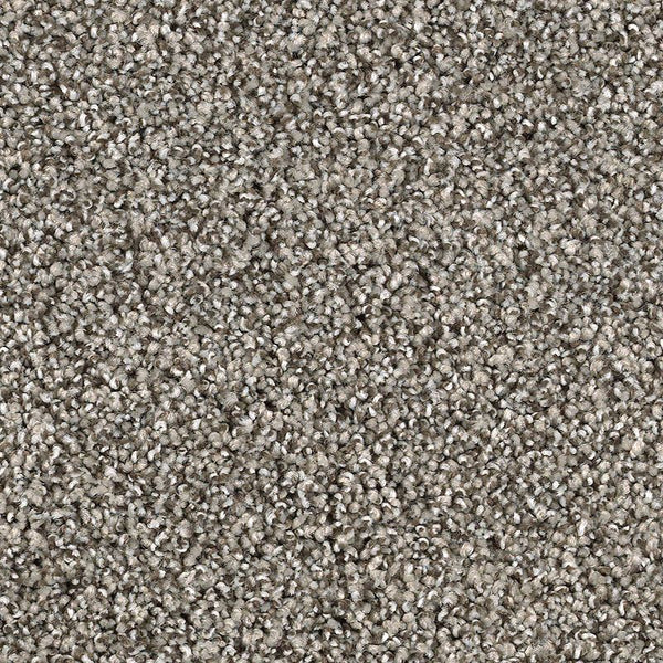 Close-up of Shaded Escape Family Friendly Carpet in Rapids, featuring tightly looped fibers in light and medium gray for a soft, durable, and uniform surface ideal for families.