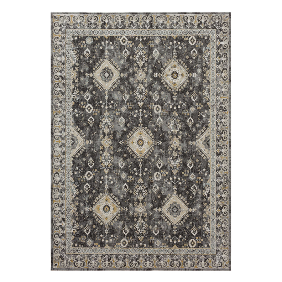 The Windermere Ravenglass Anthracite Area Rug features an elegant geometric and floral pattern in gray, cream, and gold tones with a decorative border and central diamond motifs for a traditional, luxurious look.