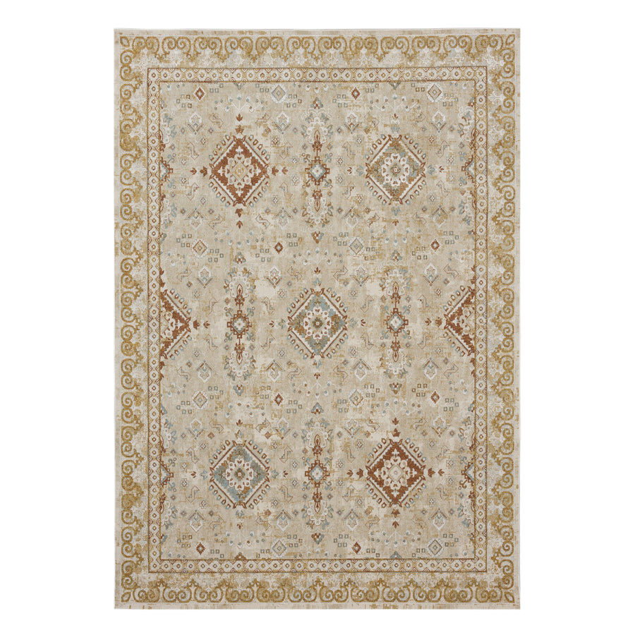 The Windermere Ravenglass Cream Area Rug features a beige background with geometric and floral patterns in brown, gold, and light blue, accented by an elegant gold and beige border.