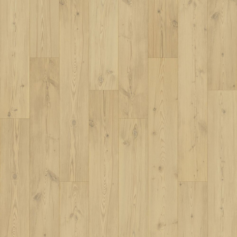 Glacial Isle 8 11/32" Waterproof Laminate in Raw Pine features light-colored premium planks with a natural grain pattern, visible knots, vertical lines, and a smooth matte finish that remains consistent across the surface.