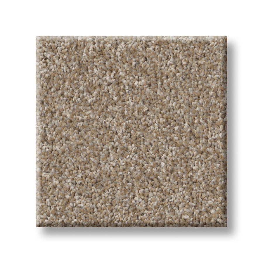 A square sample of Imaginable I Family Friendly Carpet in Raw Wood—a light beige, textured carpet featuring a mix of tan and cream fibers—set against a white background. This family-friendly carpet combines durability and style, making it an ideal choice for busy households.