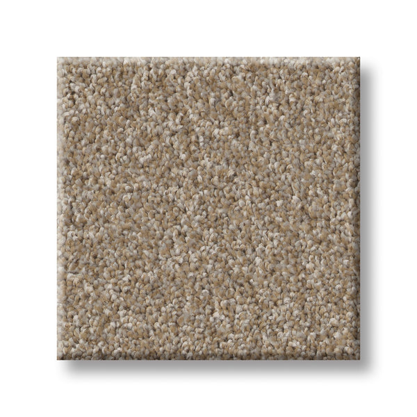 A square sample of Imaginable I Family Friendly Carpet in Raw Wood—a light beige, textured carpet featuring a mix of tan and cream fibers—set against a white background. This family-friendly carpet combines durability and style, making it an ideal choice for busy households.