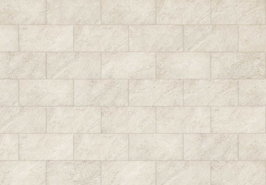 A wall features Adura Flex 12" Vinyl Plank in Rectangles Basilica Pillar, arranged in a staggered brick pattern. The light beige planks have a subtle, textured stone-like look for an elegant finish reminiscent of luxury flooring.