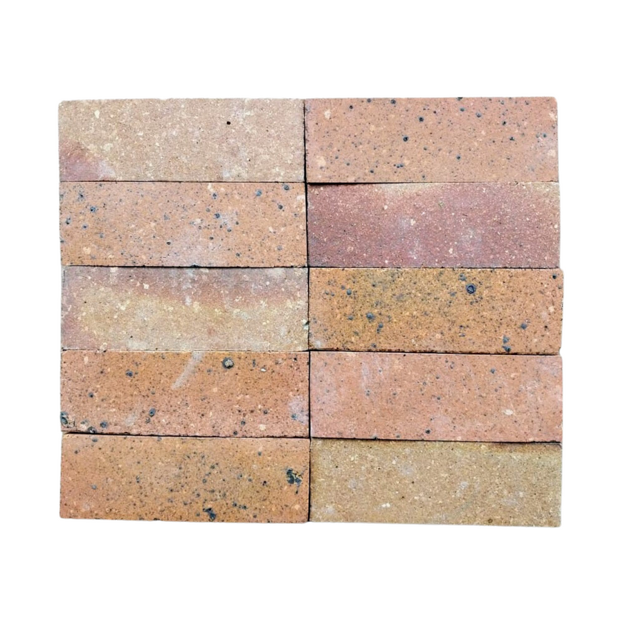 Twelve rectangular Atelier Clay 2x6 Mosaic Natural Stone tiles in reddish-brown are arranged in three rows of four and stacked side by side against a white background.