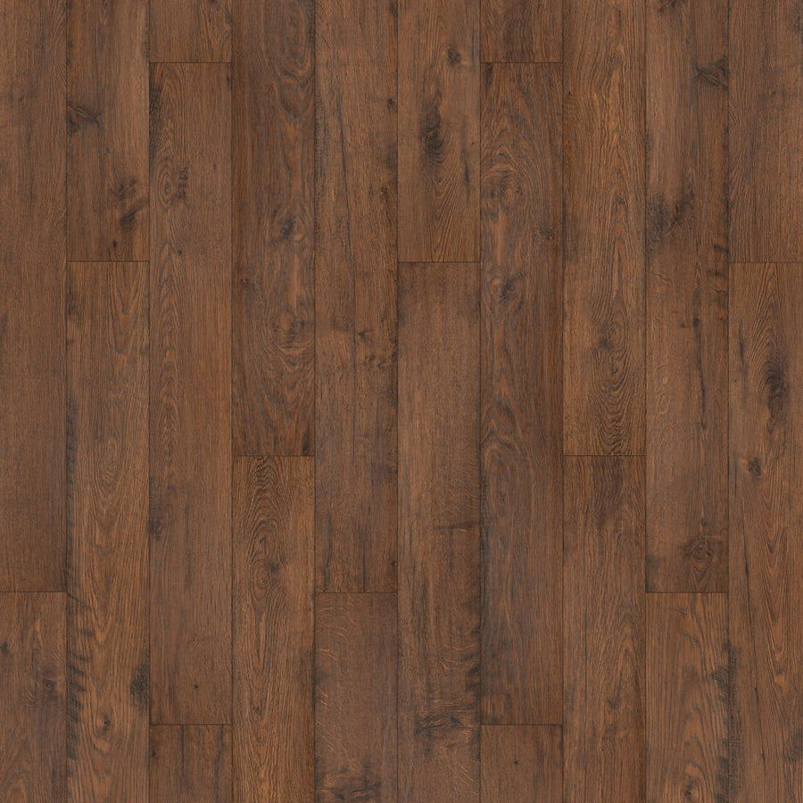 Western Row 6 1/8' Waterproof Laminate in Red Clay Oak features a natural wood grain and knots in a plank design. Its premium laminate finish offers a smooth, clean, and well-maintained surface for a warm, rustic appearance.