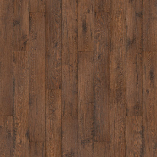 Western Row 6 1/8' Waterproof Laminate in Red Clay Oak features a natural wood grain and knots in a plank design. Its premium laminate finish offers a smooth, clean, and well-maintained surface for a warm, rustic appearance.