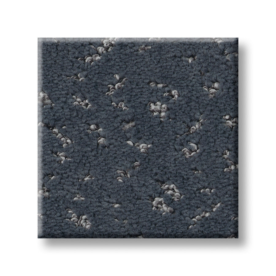 A square sample of Elaborate Artifact Family Friendly Carpet in dark gray with a looped texture and light gray flecks, stain-resistant for family use, shown on a white background.