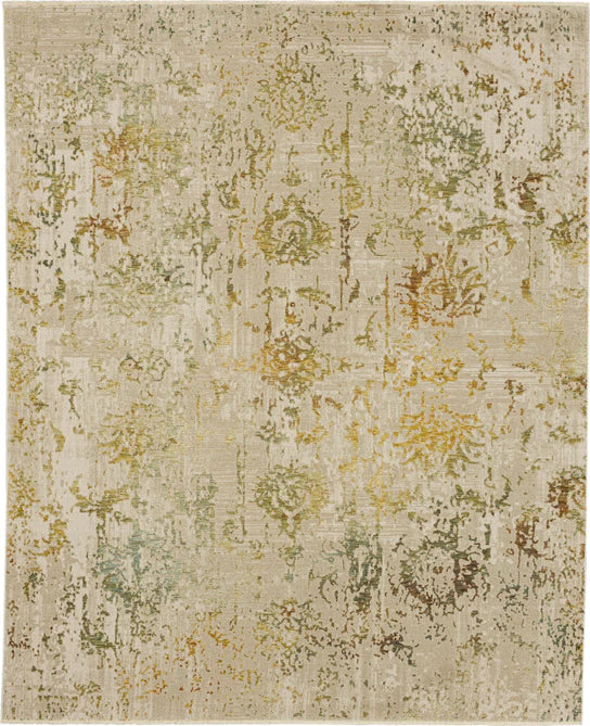 The Momento Reflection Area Rug by Karastan Rugs features a distressed, vintage-inspired design in beige, gold, green, and brown with faded floral and ornamental patterns throughout.