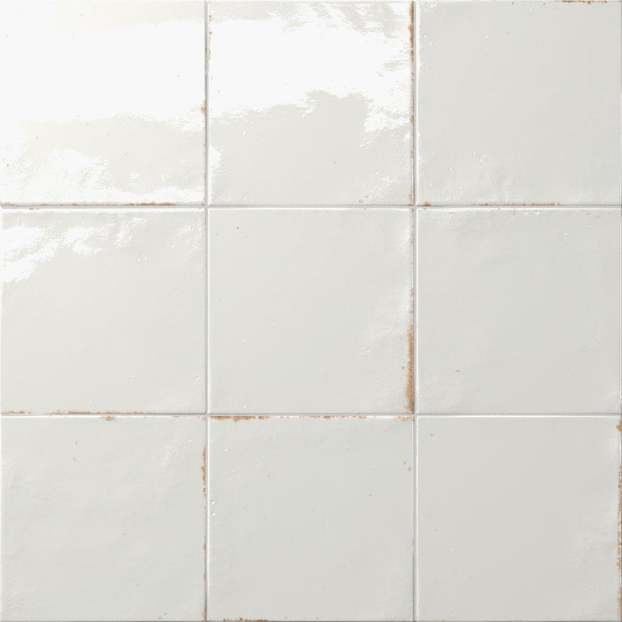 A grid of nine Relic 5.8 x 5.8 Porcelain Tiles features slightly irregular edges, visible grout lines, subtle shade variation along the grout, and a glossy surface that reflects light.