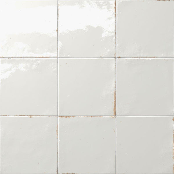 A grid of nine Relic 5.8 x 5.8 Porcelain Tiles features slightly irregular edges, visible grout lines, subtle shade variation along the grout, and a glossy surface that reflects light.